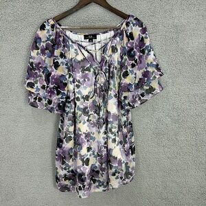 AGB‎ Womens 2X Purple Floral Chiffon Lace Up Top Ruffle Short Sleeve Boho